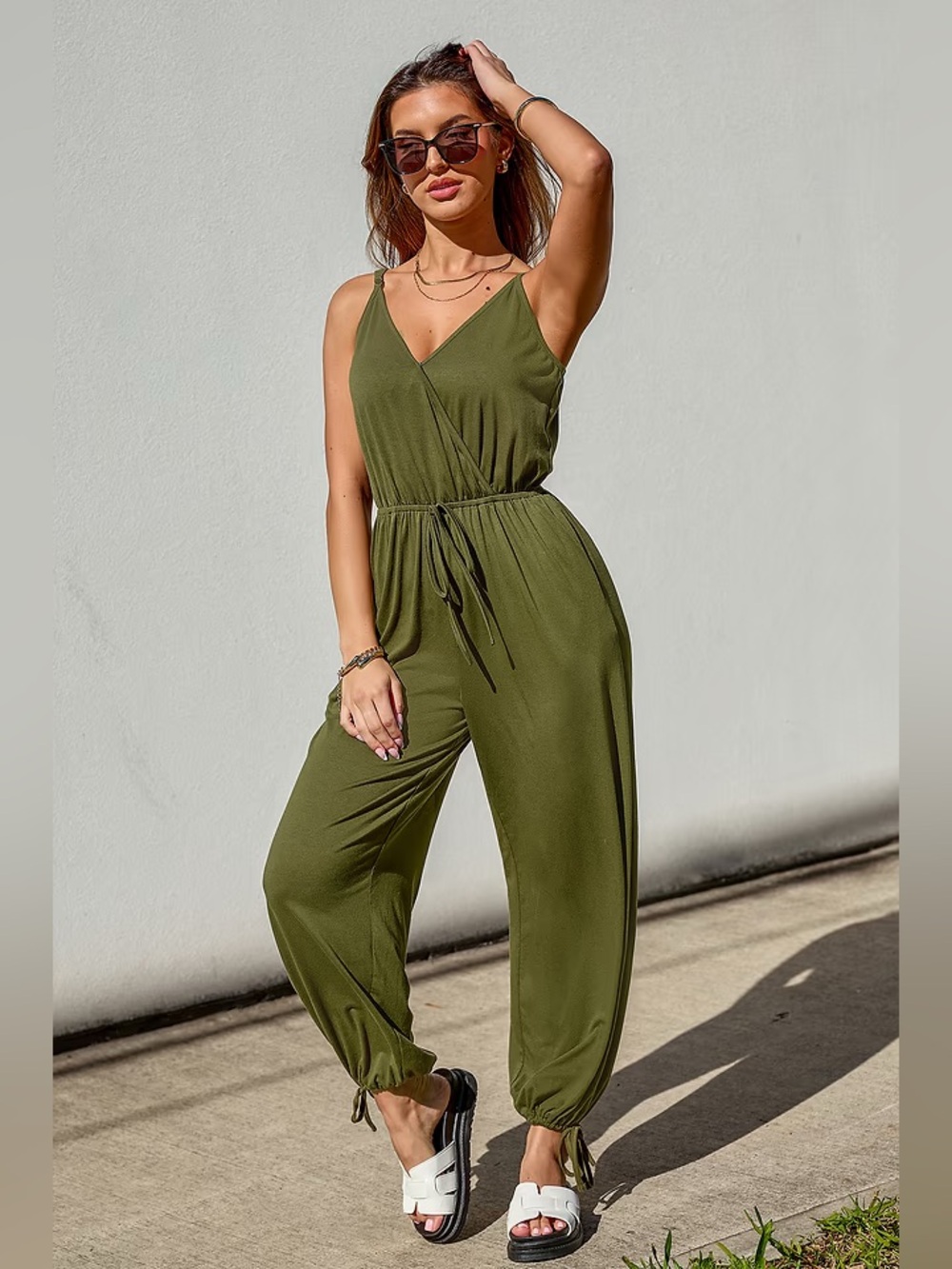 New Vici Hunter Green Linen Cotton Blend Drawstring Jumpsuit With Pockets